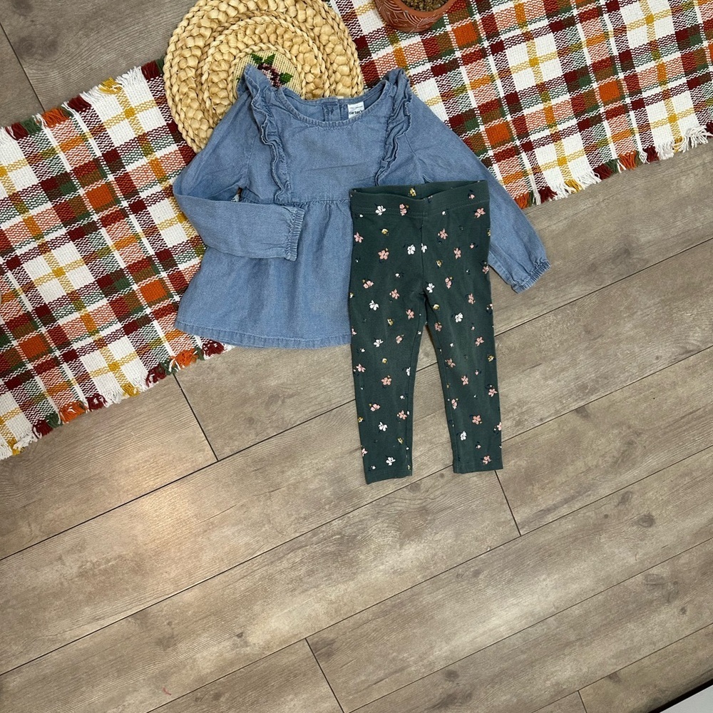 Carter’s 2T Toddler Girl Chambray Blouse & Floral Leggings Outfit Set - Picture 5 of 13